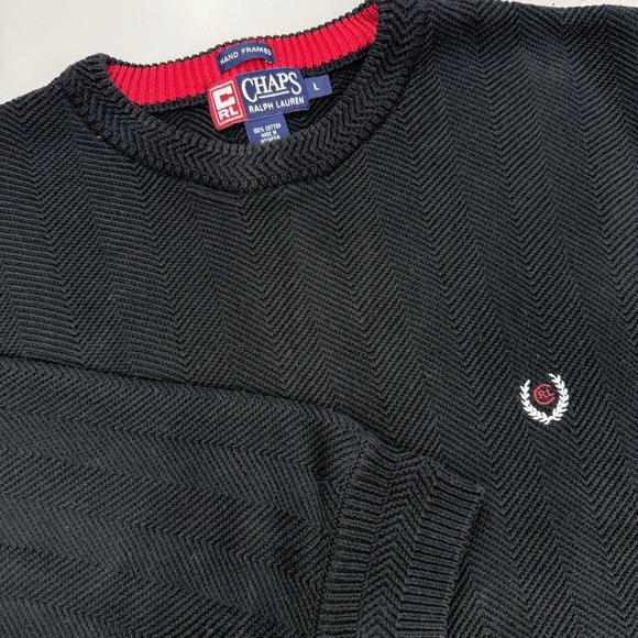Vintage Chaps Ralph Lauren Herringbone Sweater Mens L Black RL Crest Logo - Picture 1 of 8